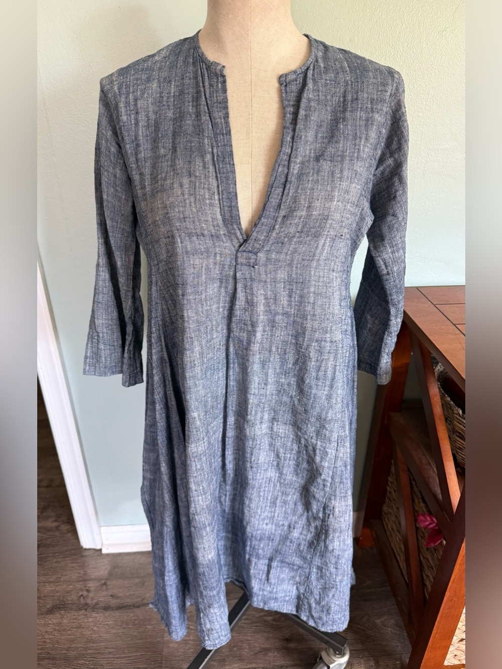 Dosa Women’s 100% Organic Khadi Cotton Blue 3/4 Sleeve Dress Size 2